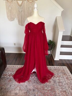 Maternity Red Off-Shoulder Beaded Tulle Gown